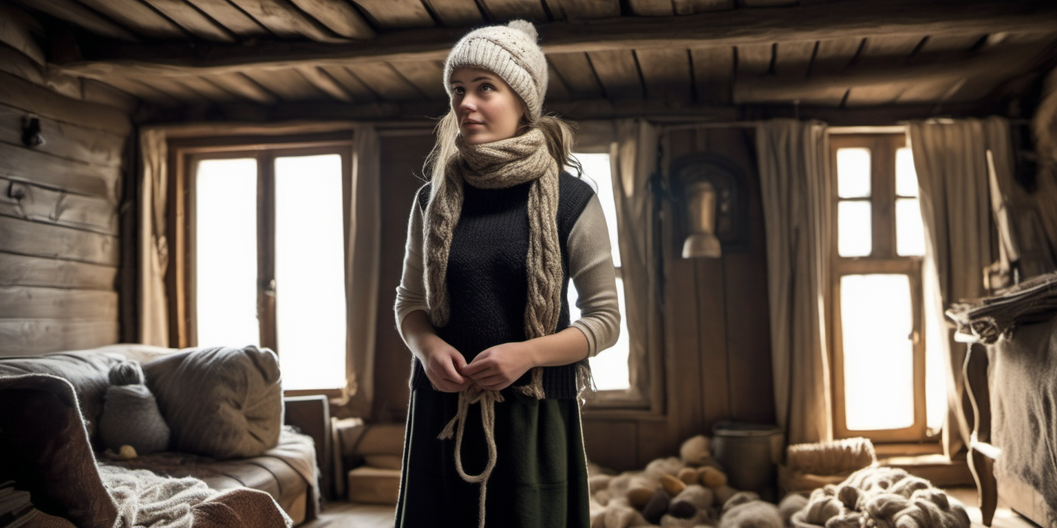 Village 30 years old women. Long ponytile tied hair, green eyes. She is dressed very thick in a country style - with knitted white woolen socks. She wears black tight black thermo leggings. She wearing brown sweater with a high collar . She is wearing a white sleeveless sweater over it. She has a scarf wrapped around her neck. A thick knitted hat on the head. Knitting alone on the floor in the old and wooden house. Around her is an old sofa covered with a rug. There is a black and red traditional rug on the ground. Her bed is behind her - an old one with a spring and a metal frame. A television with a kinescope looks out from an old wooden cabinet. The windows of the house are frosted over - you can see a lot of snow outside. It's night.
