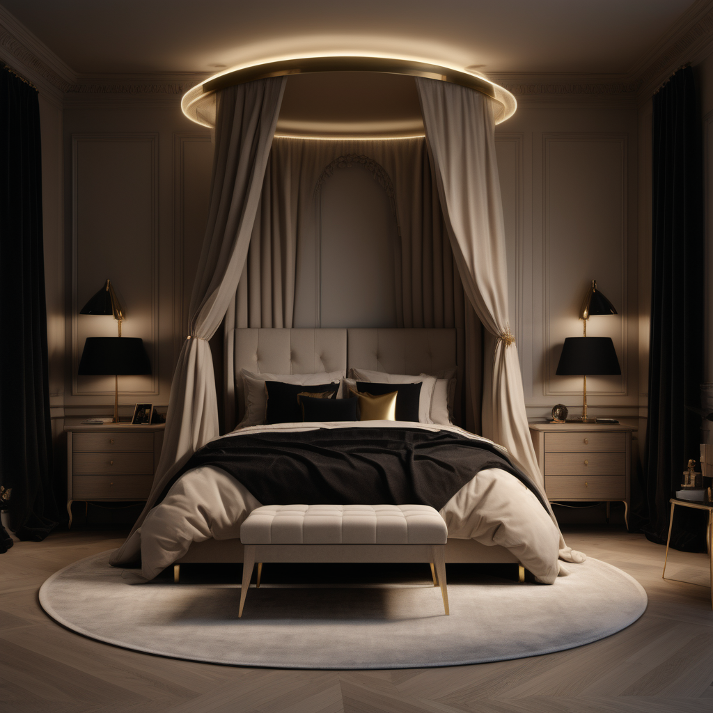 a hyperrealistic of a grand modern Parisian estate home Teenagers bedroom at night with mood lighting, a double bed with a canopy, in a beige oak and brass colour palette with accents of black
