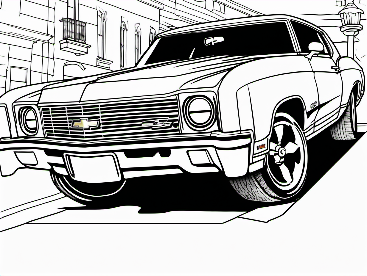coloring page, classic American automobile,1970 Chevrolet Monte Carlo SS, clean line art, no shade