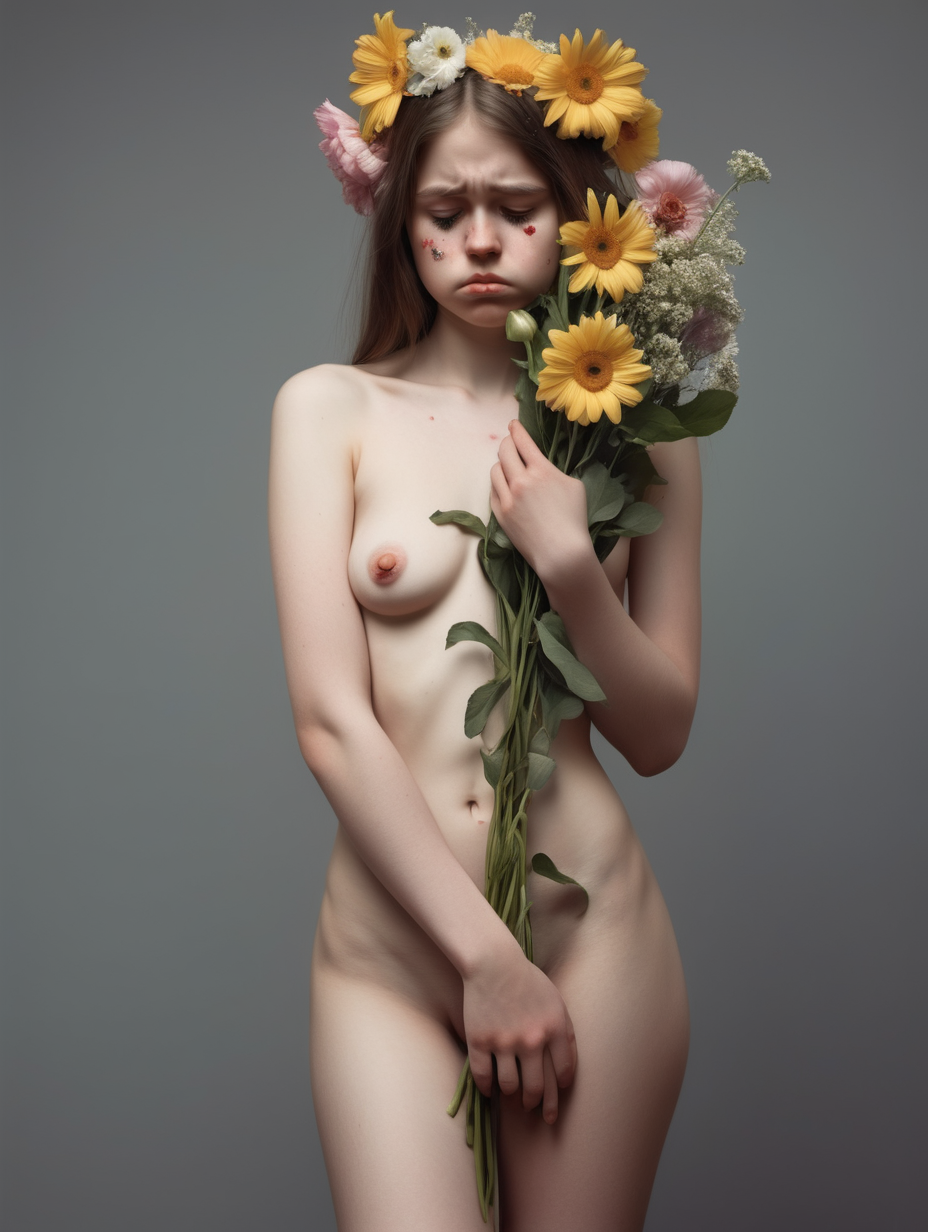 Naked girl with flowers and sad face