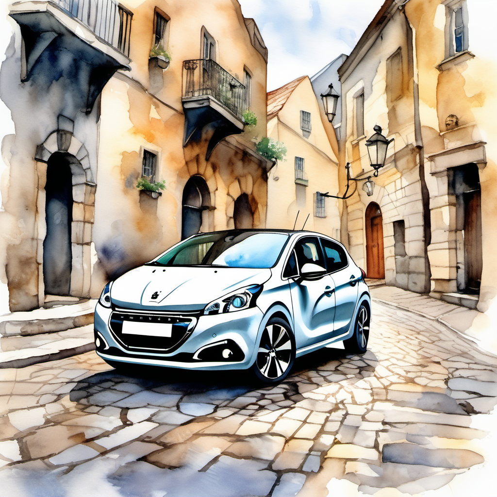 Futuristic  peugeot 208  in the Stone street in the old City. Watercolor art