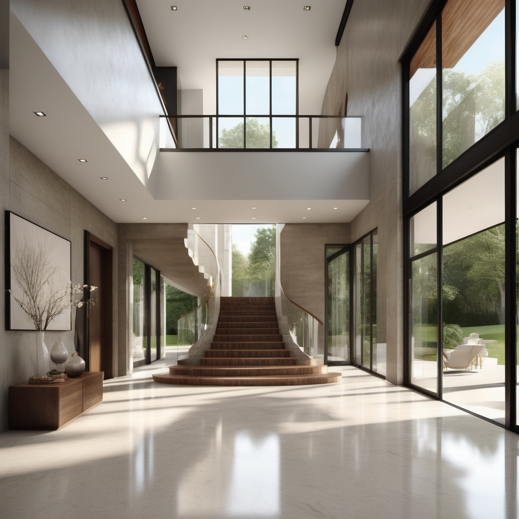 a hyperrealistic image of a contemporary home entrance foyer; floor to ceiling windows, grand door, staircase;