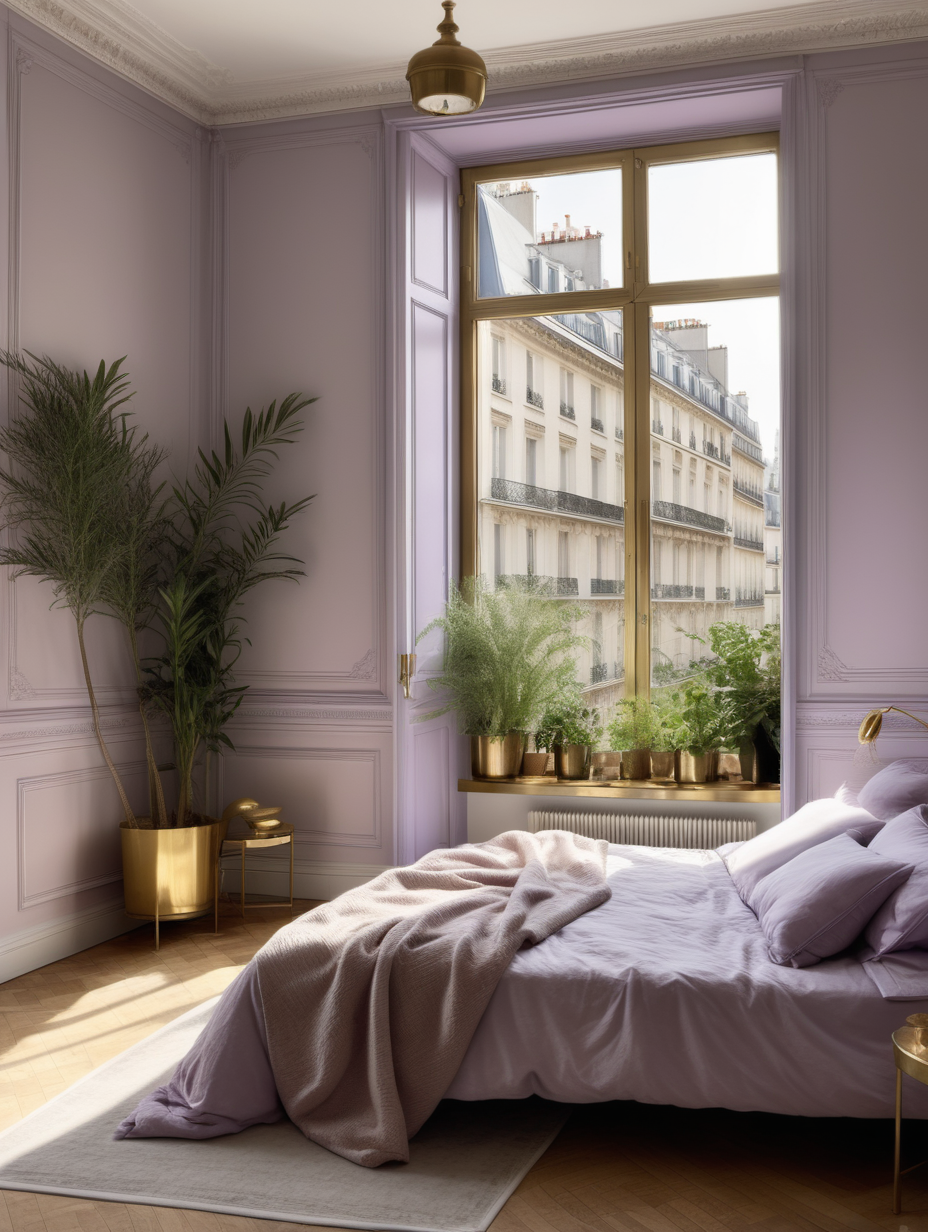 paris interior bedroom with window,  front render on bed, 
light French herringbone parquet with brass thin profile around the perimeter, a lot of plants in vintage white pots, brass vintage handles on the window, bed colo Hazy Lilac Benjamin Moore