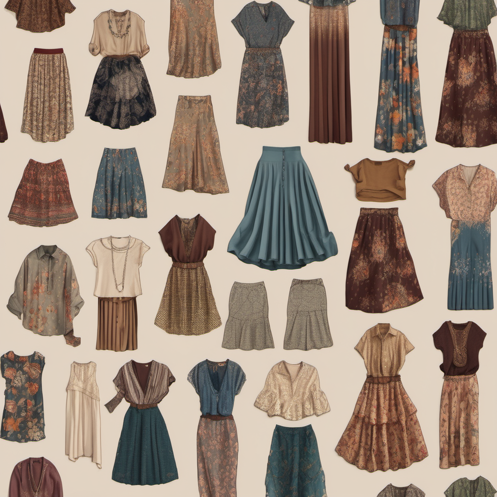Eclectic Elegance: A top-down view capturing an array of female clothing bundles, from flowing bohemian skirts to tailored blouses, creating a harmonious blend of eclectic styles.