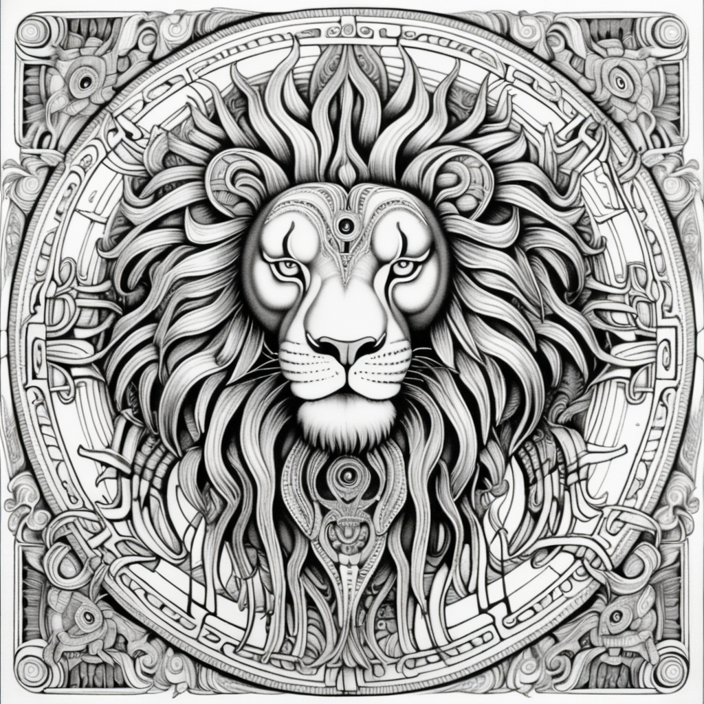 black & white, coloring page, high details, symmetrical mandala, strong lines, lion with many eyes in style of H.R Giger
