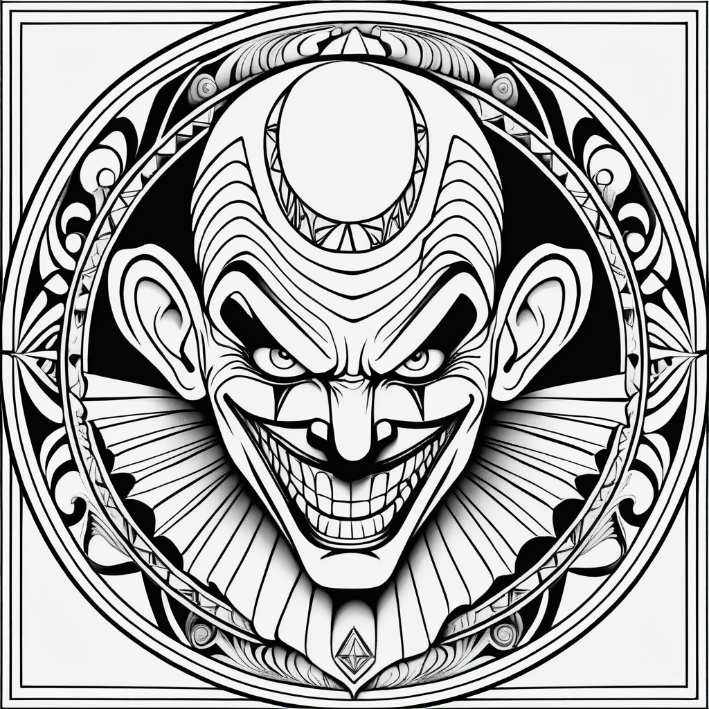 adult coloring page, black & white, strong lines, high details, symmetrical mandala, evil clown in style of joker