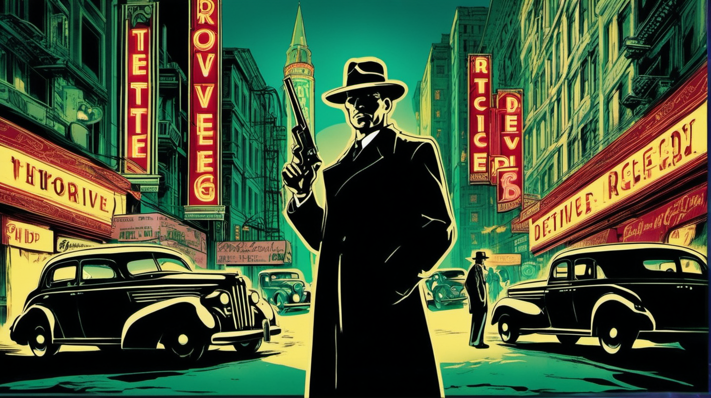 A detective with a revolver standing in the foreground on a downtown San Francisco street circa 1940, neon signs, looking at the camera. Art Nouveau style.