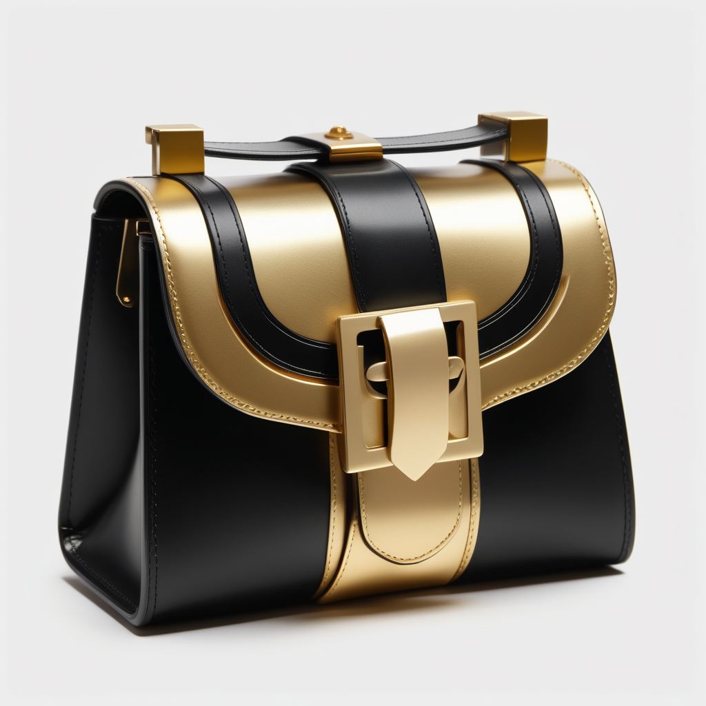 Art Nouveau motiv inspired luxury small  bag  leather with flap and metal buckle- geometric shape - frontal view  - inserts color block - gold and black shades