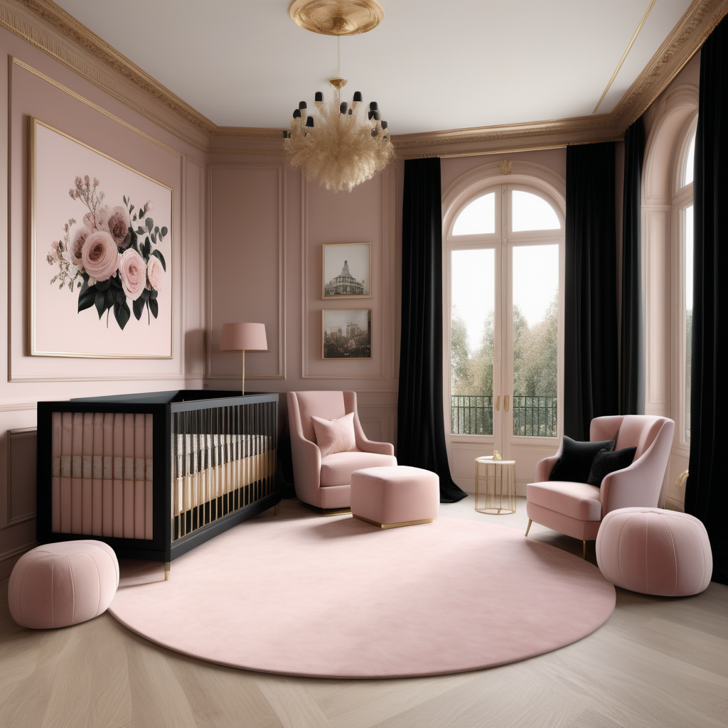 a hyperrealistic image of a Grand elegant Modern Parisian  Nursery in a beige oak brass dusty rose and black colour palette with floor to ceiling windows and floral accents