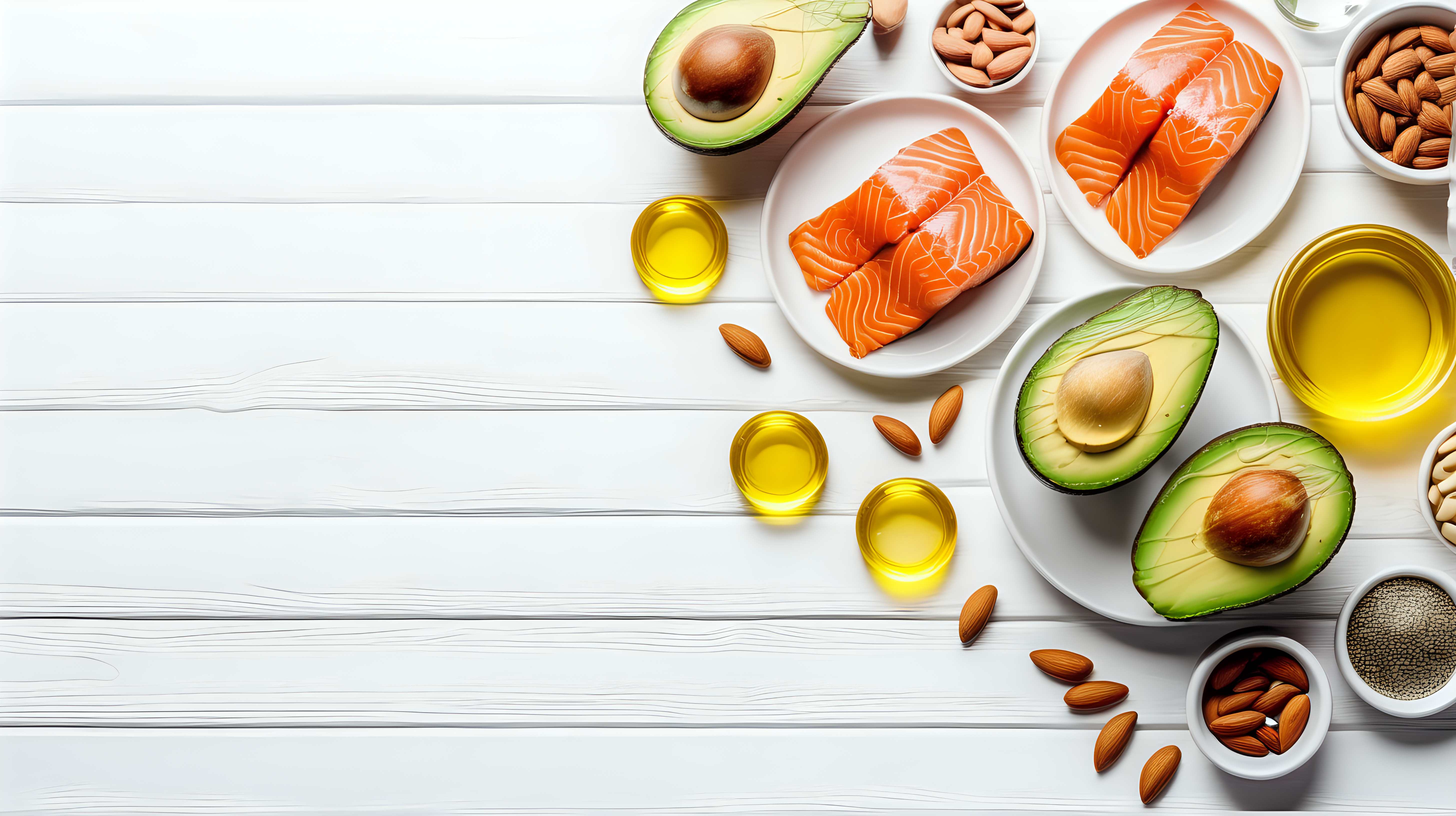 Food high in omega-3 fatty acids on a white wooden background. Healthy eating concept. Salmon, avocado, flax seeds, fish fat capsules, oil, almonds. Top view, copy space