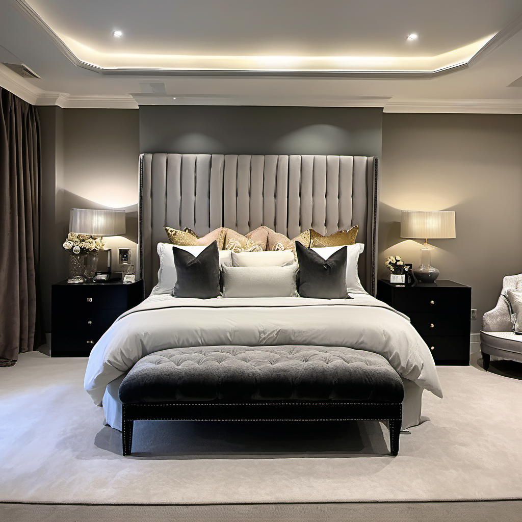 luxurious timeless master bedroom big headboard chopped scatter cushions bedthrow night time sitting area 