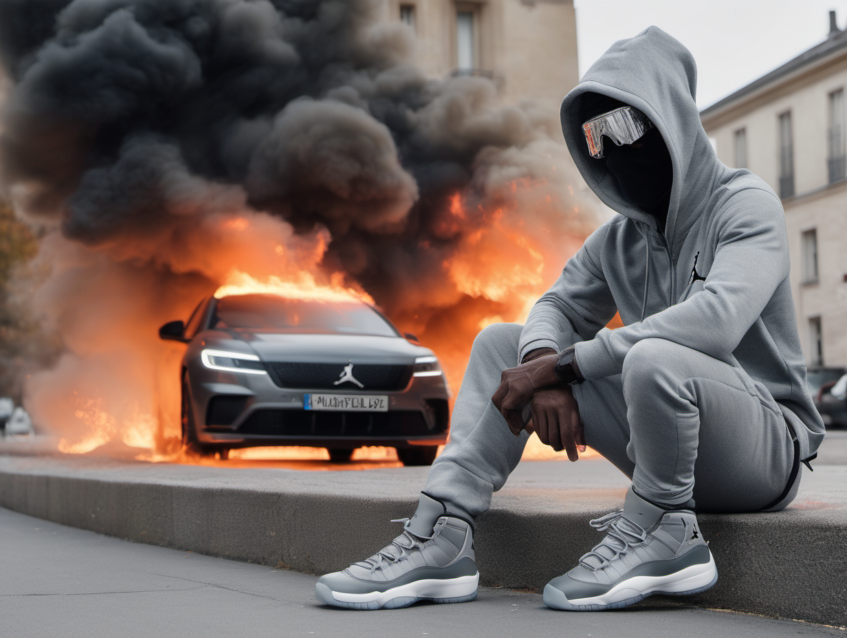 a man with ski mask and dreads wearing jordan cool grey 11 sneakers with a grey hoodie and grey sweatpants holding a cinema camera looking at a metropolitan city on fire while the people are running away from the fire with luxurty cars flipped over and on fire.
