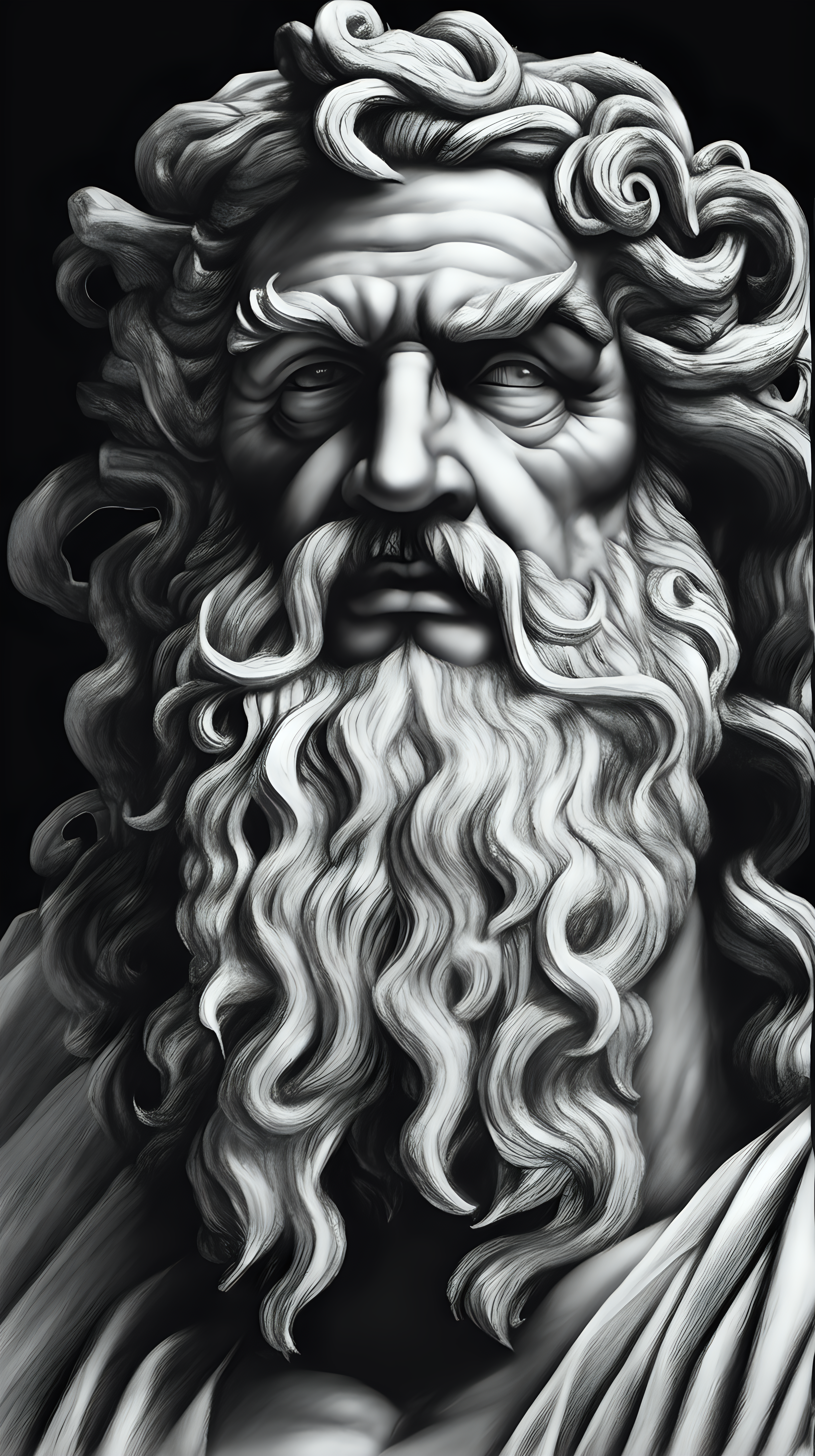 /imagine prompt : a hyper realistic black and gray Michelangelo drawing, portraying  great zeus ,He rules over other gods, gods & goddesses greek mytology
[face portrait]
-no cut
<background>thunder and lightning
<style>pencil drawing
_ar 9:16