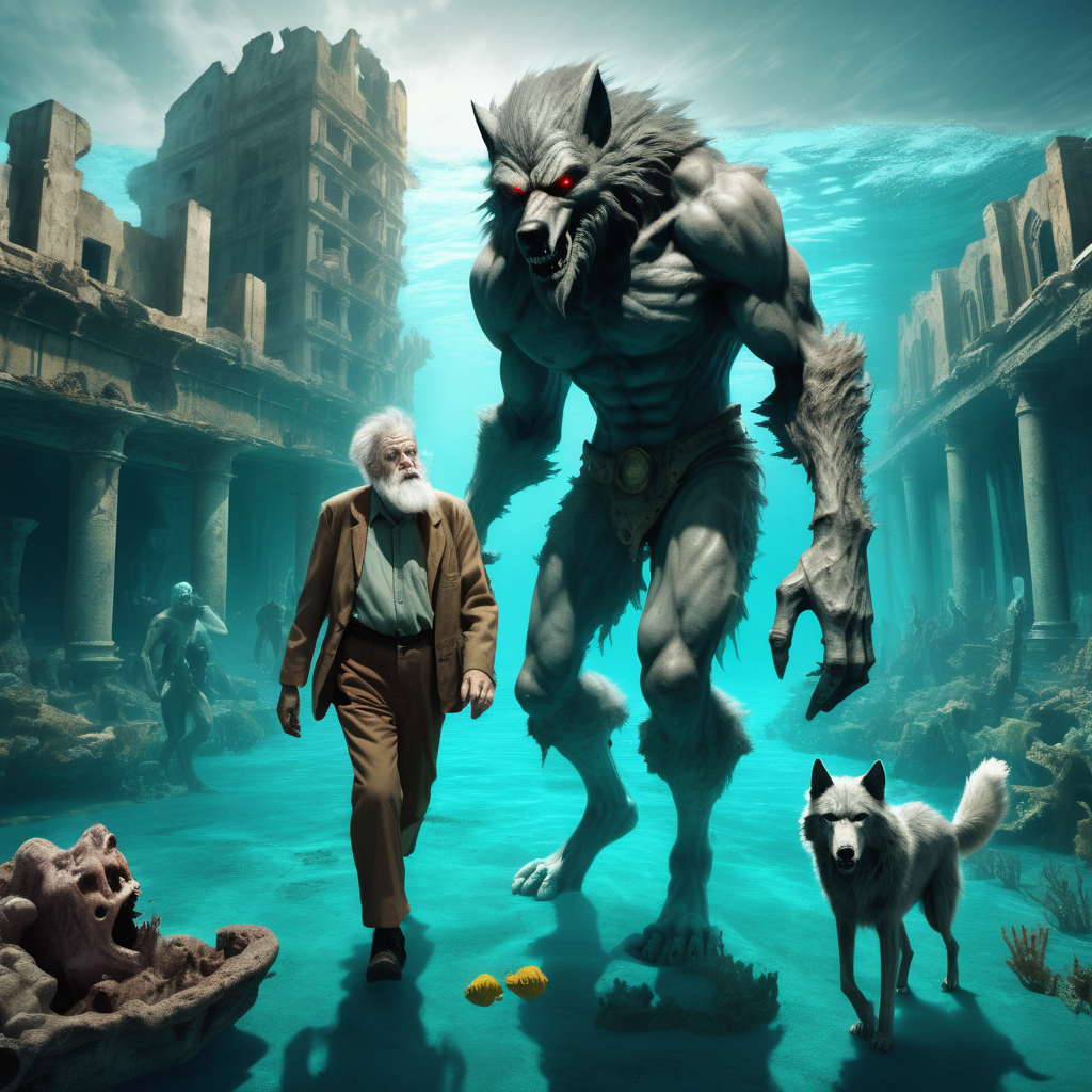  a kind Wolfman  walking side by with  a  frail sick lost old man.  In background the deep underwater city's  ruins of Atlantis