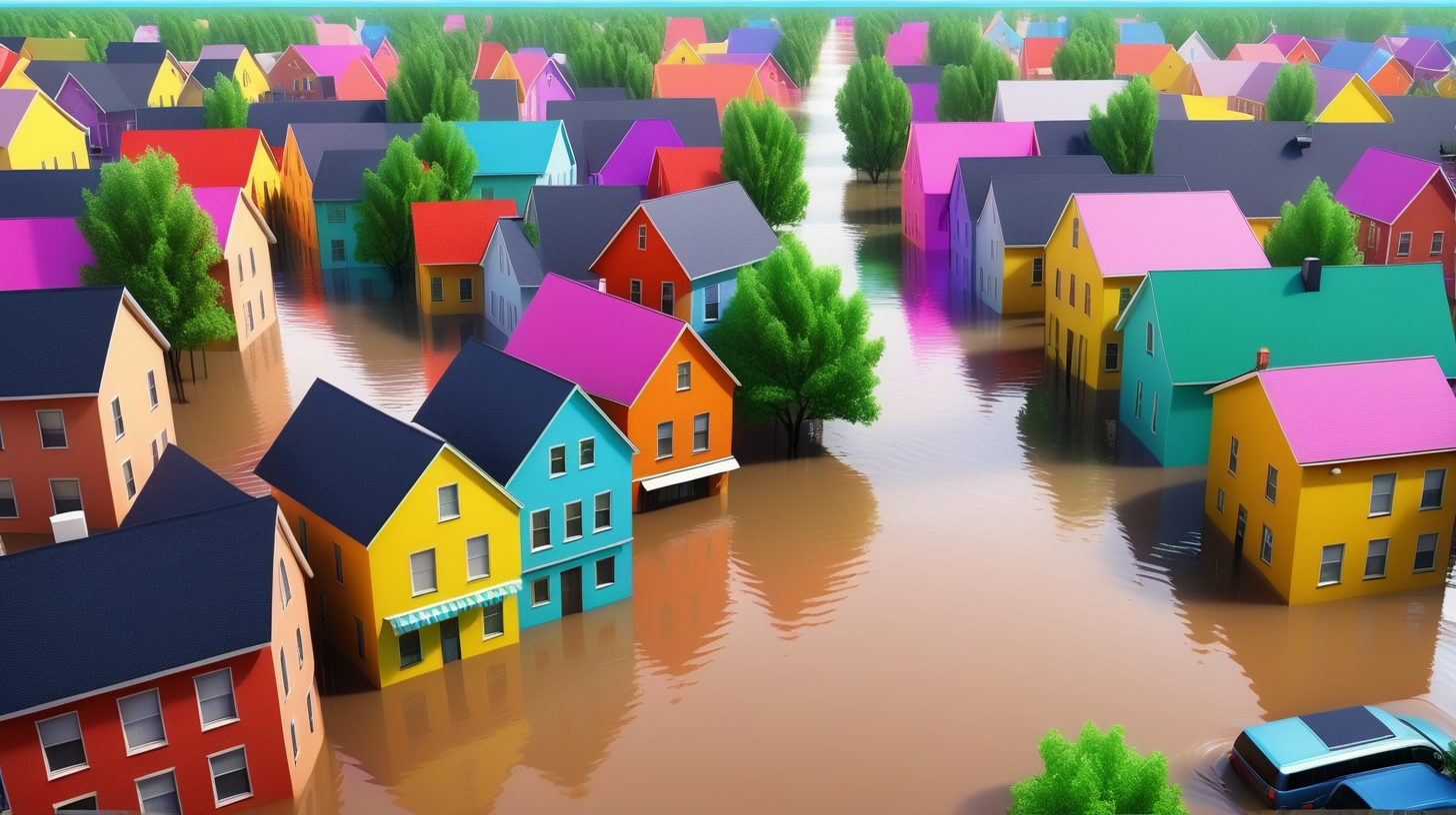 big flood in a colorful town