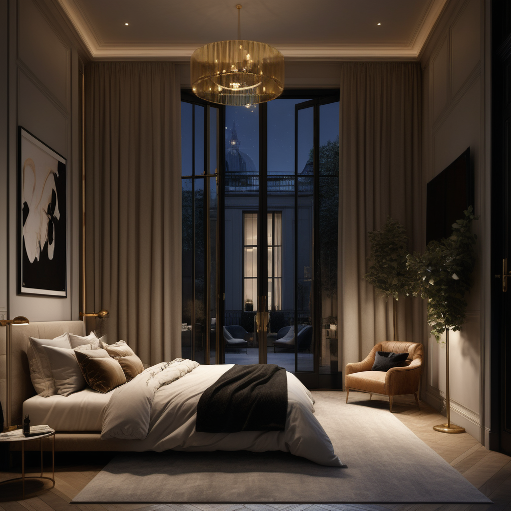 a hyperrealistic image of a palitial modern Parisian  bedroom at night with mood lighting, floor to ceiling window and doors opening to the private courtyard in beige, oak, black and brass with modern brass pendant lights 
