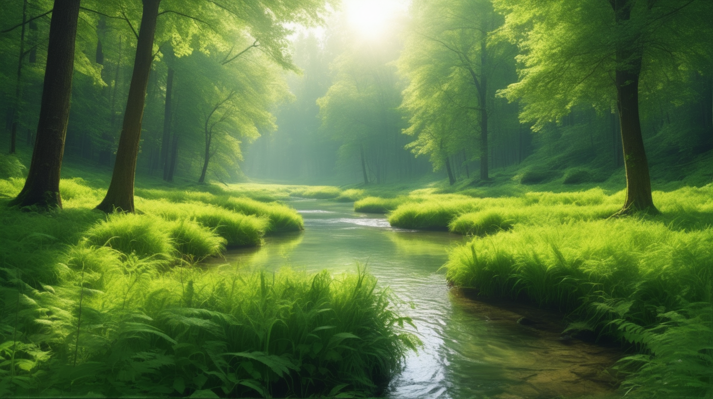 In the sunny green forest in the morning, there are rivers