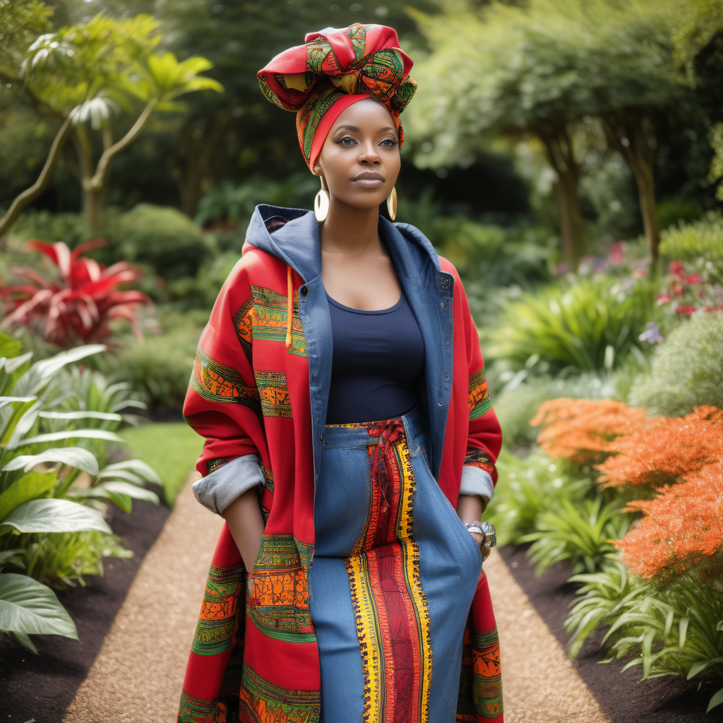 Beautiful Black woman with tribal paint, wearing a multi color African headwrap and African print Skirt, wearing a Red, hooded shawl coat, wearing a Navy linen dress shirt, wearing denim with African print material  inside the pockets,  Vibrant images that represent African heritage, In a lush colorful botanical garden, looking to the left, holding a  black lamb, view looking straight at , 4k, high definition, high resolution, sunny day light source from above left