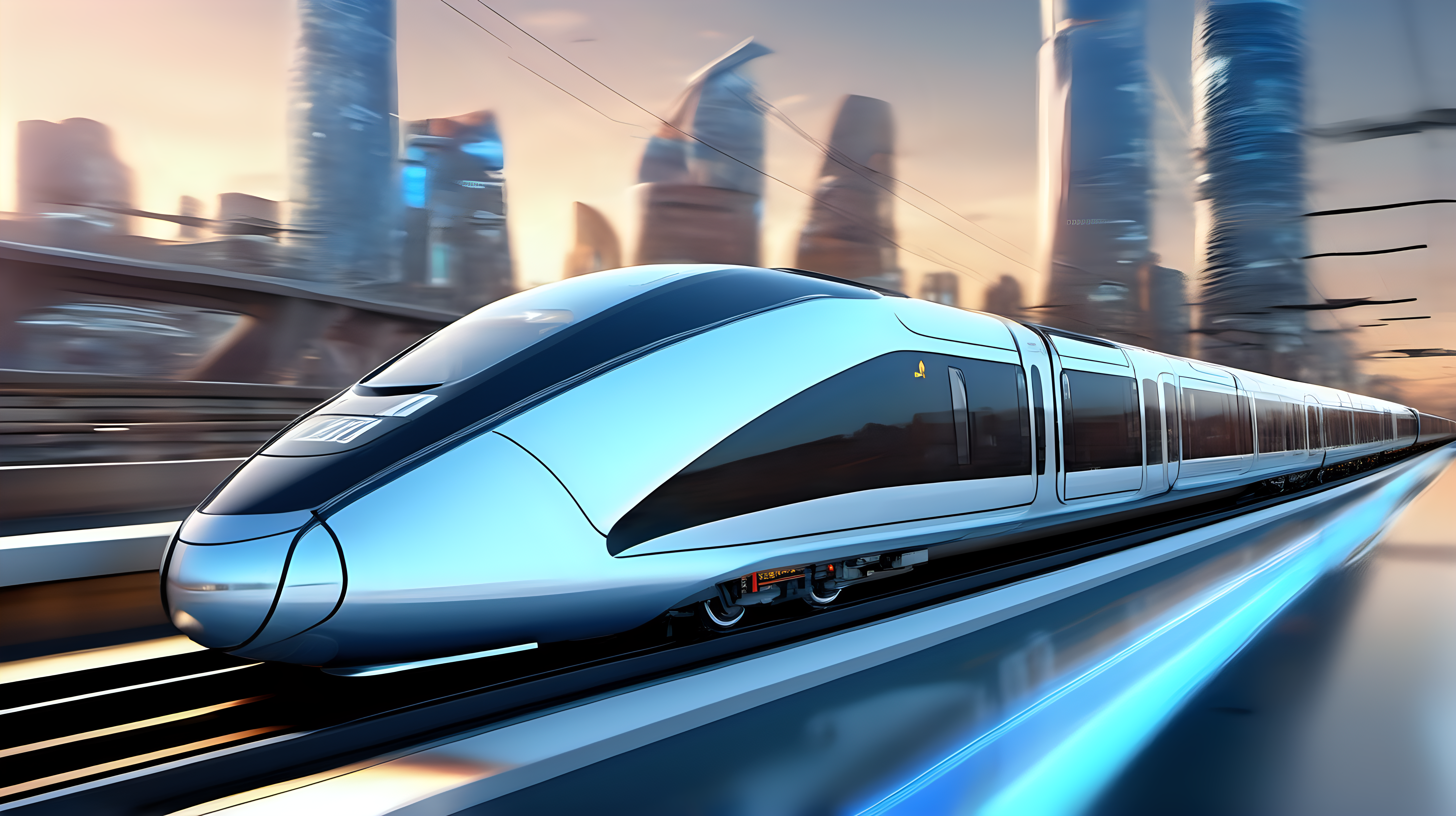 An artistically rendered futuristic train speeding along a high-tech railway track, showcasing cutting-edge design and technology. Futuristic, High-speed, Innovative, Sleek, Technological. Digital illustration or CGI software. dusk with an illuminated futuristic cityscape in the background. Create a dynamic scene featuring a sleek, aerodynamic train gliding on an advanced railway system. The train should display futuristic design elements such as streamlined shapes, high-tech propulsion systems, and innovative aesthetics. Emphasize speed and innovation while maintaining a sense of realism in the depiction.  Utilize digital illustration techniques to render a visually captivating and technically advanced futuristic train. Incorporate modern cityscapes or landscapes to contextualize the train's futuristic setting, emphasizing its role in a technologically advanced environment.