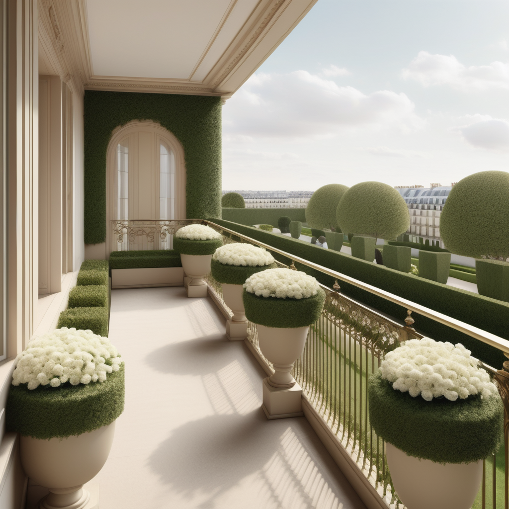 a hyperrealistic of a grand modern parisian balcony, looking over the sprawling lawns and elegant gardens of white flowers and manicured hedges, in a beige oak brass colour palette --no visible homes nextdoor
