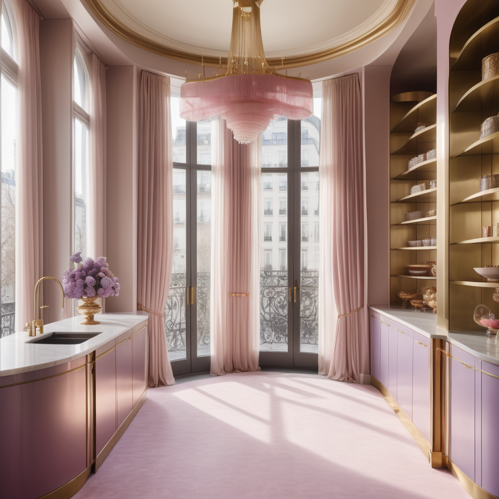 hyperrealistic image of large modern Parisian butlers pantry, floor to ceiling windows, curves, beige, pink, lilac and brass colour palette, brass chandelier, sheer curtains