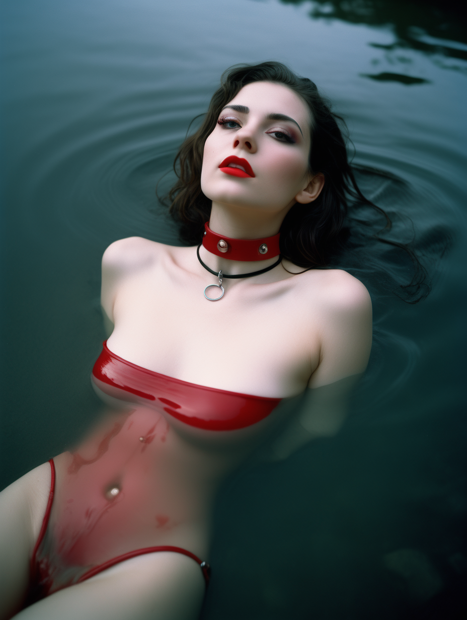 (seductive:1. 1) (21. 3) year old (woman:1. 1) (lying:1. 1) in clear shallow water, (dark:1. 2) wavy hair. (She is wearing a BDSM (red choker:1. 1) She is (sensual:1. 4) and (glistening:1. 2). The scene is shot with (Kodakportra1600:1. 1) (filmgrain:1. 1) (Analogcamera:1. 1) (Sharpdetails:1. 1) (50mm:1. 1)