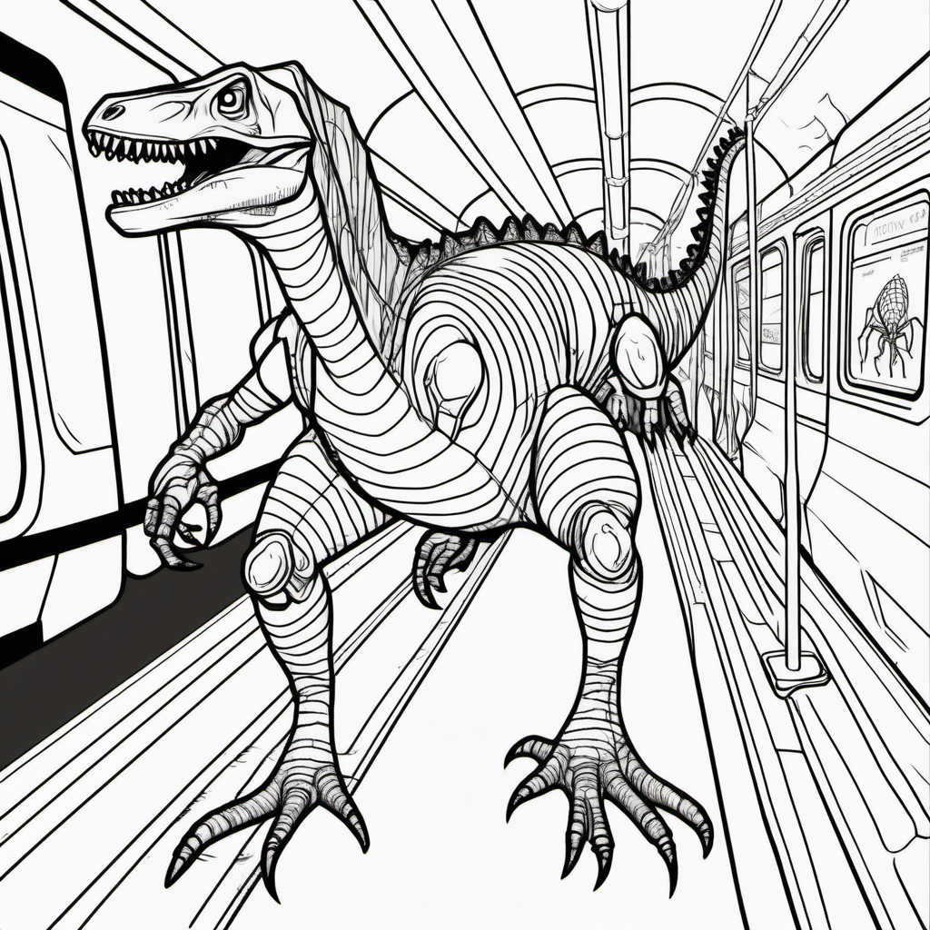 A dinosaur mixed with a spider, in the NYC subway, coloring book pages