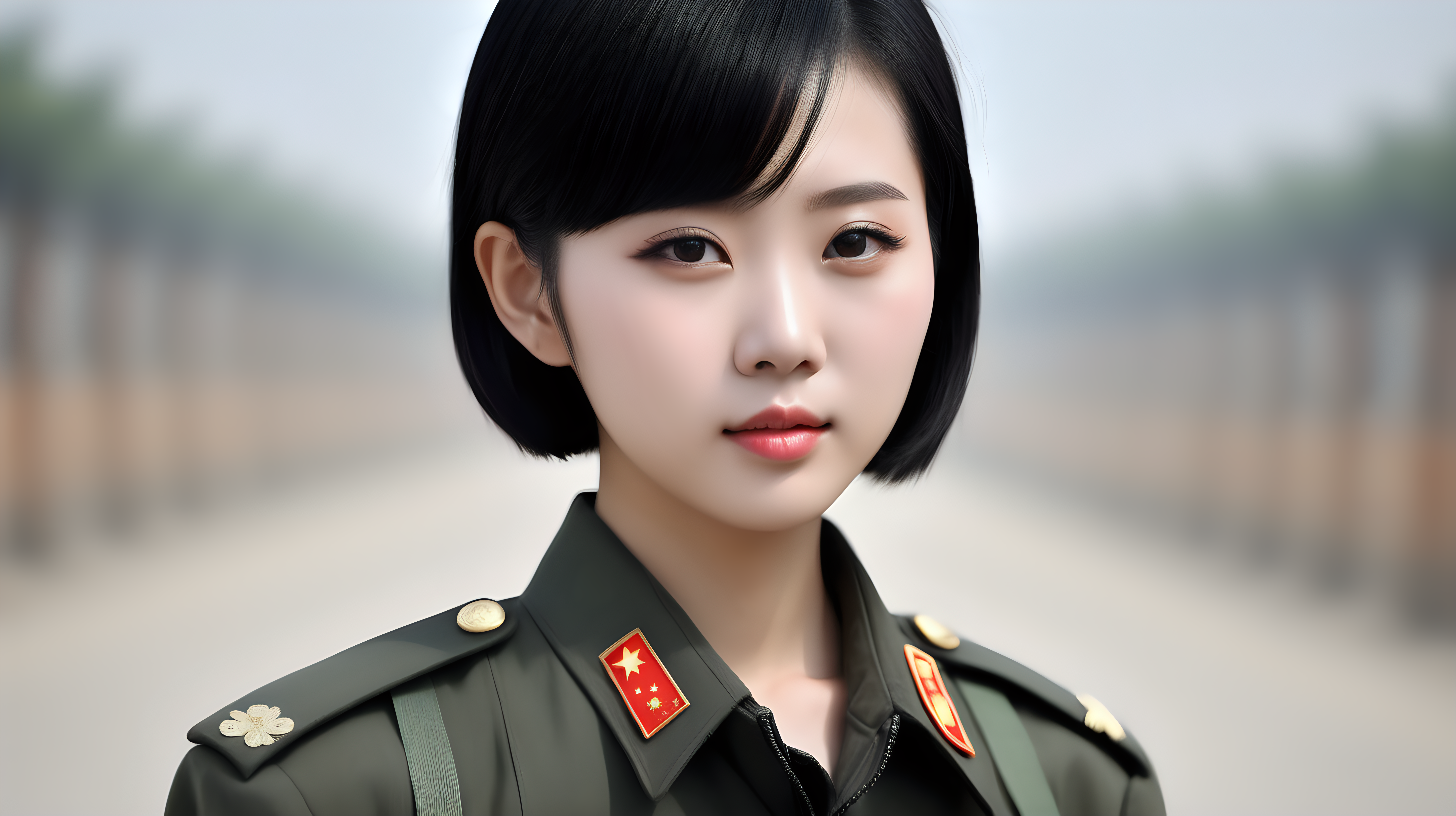 一名中国女兵
黑发
短发
青年人
乳房较大