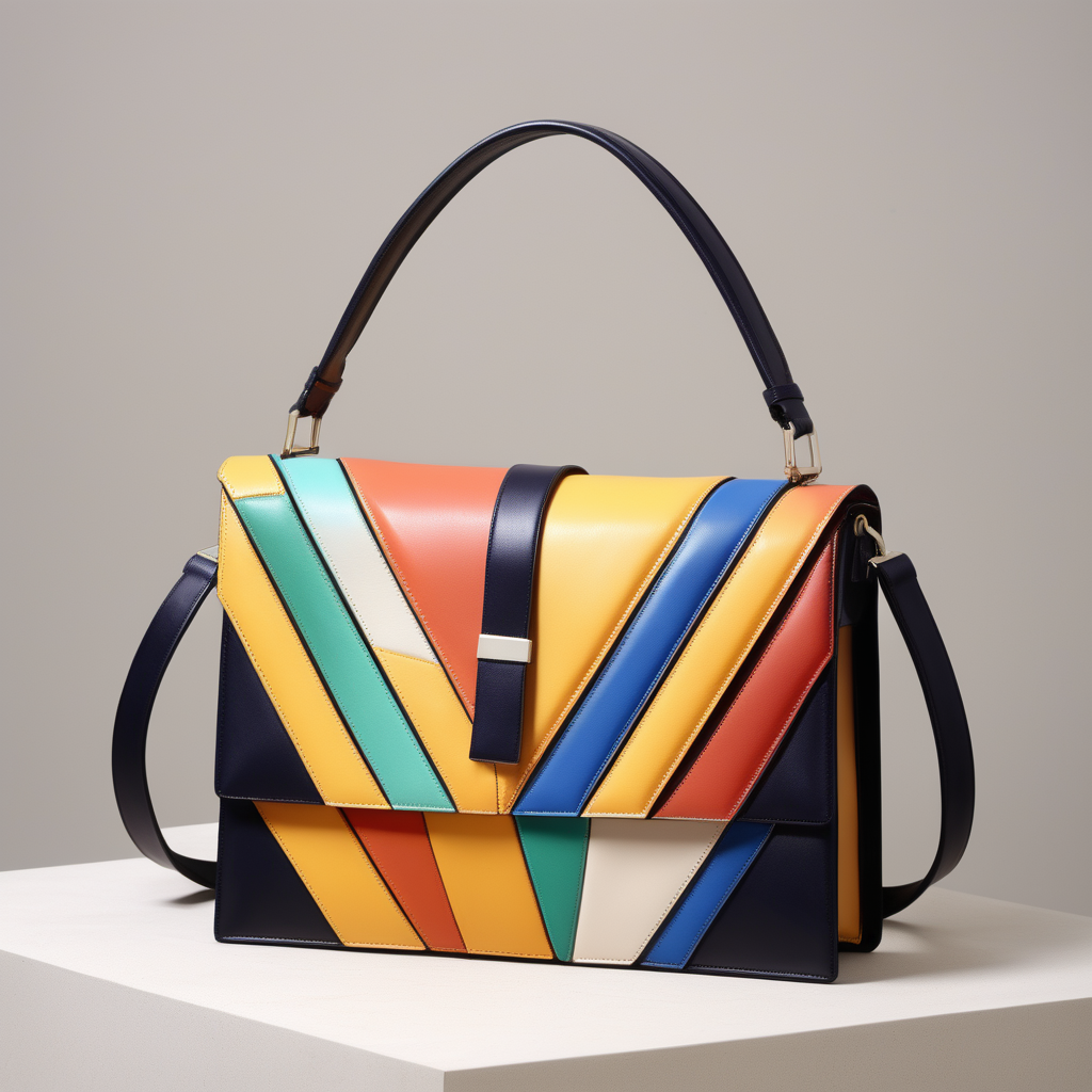 Leather bag with colored geometric cuts square flap