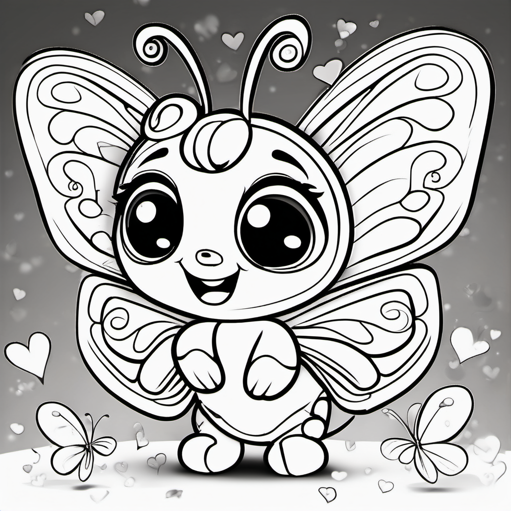 super Adorable little butterfly line art coloring book page, valentine hearts, black and white, sweet smile, character full body, so cute, excited, big bright eyes, shiny and fluffy,
fairytale, energetic, playful, incredibly high detail, 16k, octane rendering, gorgeous, ultra wide angle.