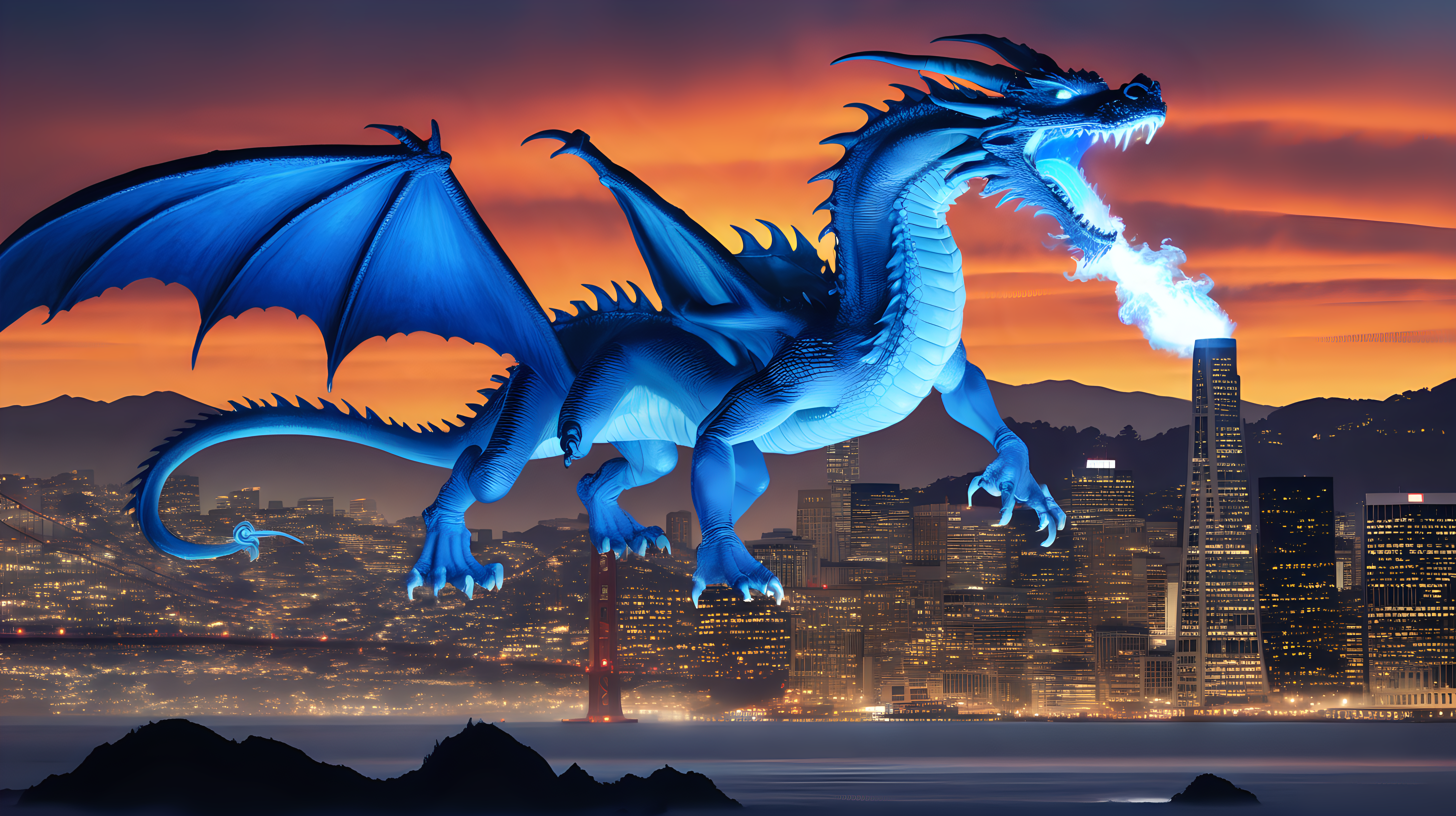 blue fire breathing dragon destroying San Francisco