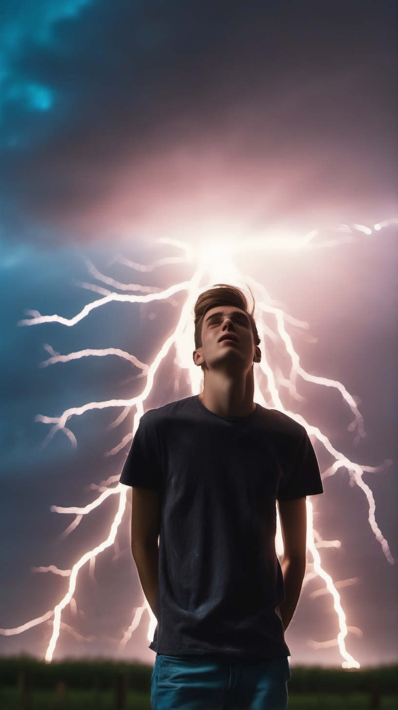 20 year old man being struck by a bright good lightening with bright skies above him 4k
