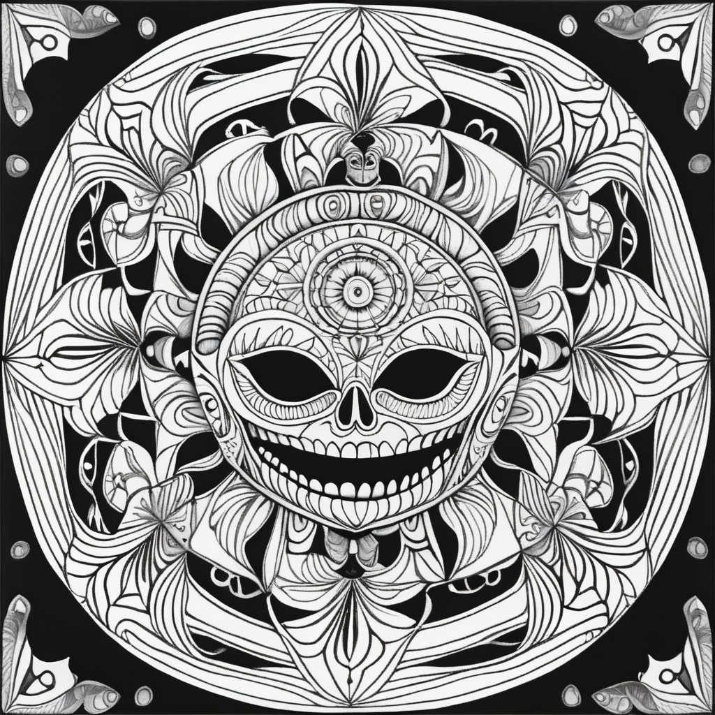 adult coloring book, black & white, clear lines, detailed, symmetrical mandala ghoul