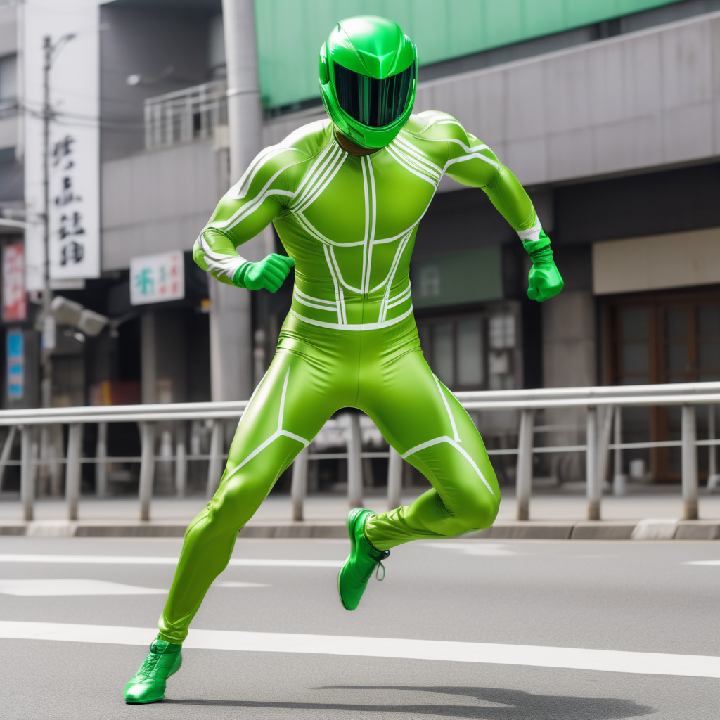 muscular man, full body citrus green skintight suit, closed sentai helmet with visor, high speed sprinting, shooting green energy blast, street, Japan, day