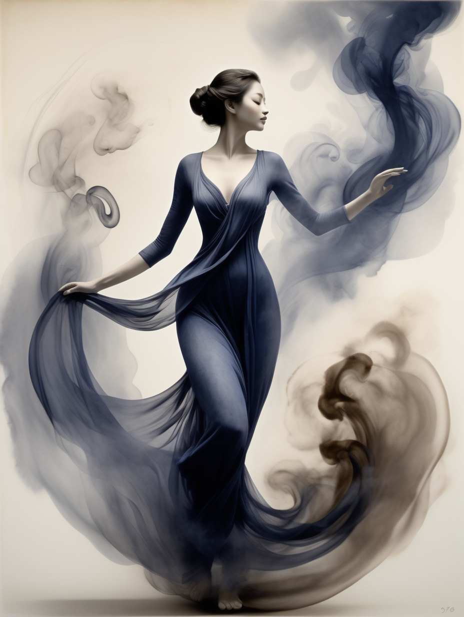 a woman's form floating across an image with smoke, in the style of ink wash paintings, graceful curves, light gray and indigo, intricate costumes, soft and airy compositions, flowing forms, light black and bronze --ar 68:128 --stylize 750 --v 5. 2