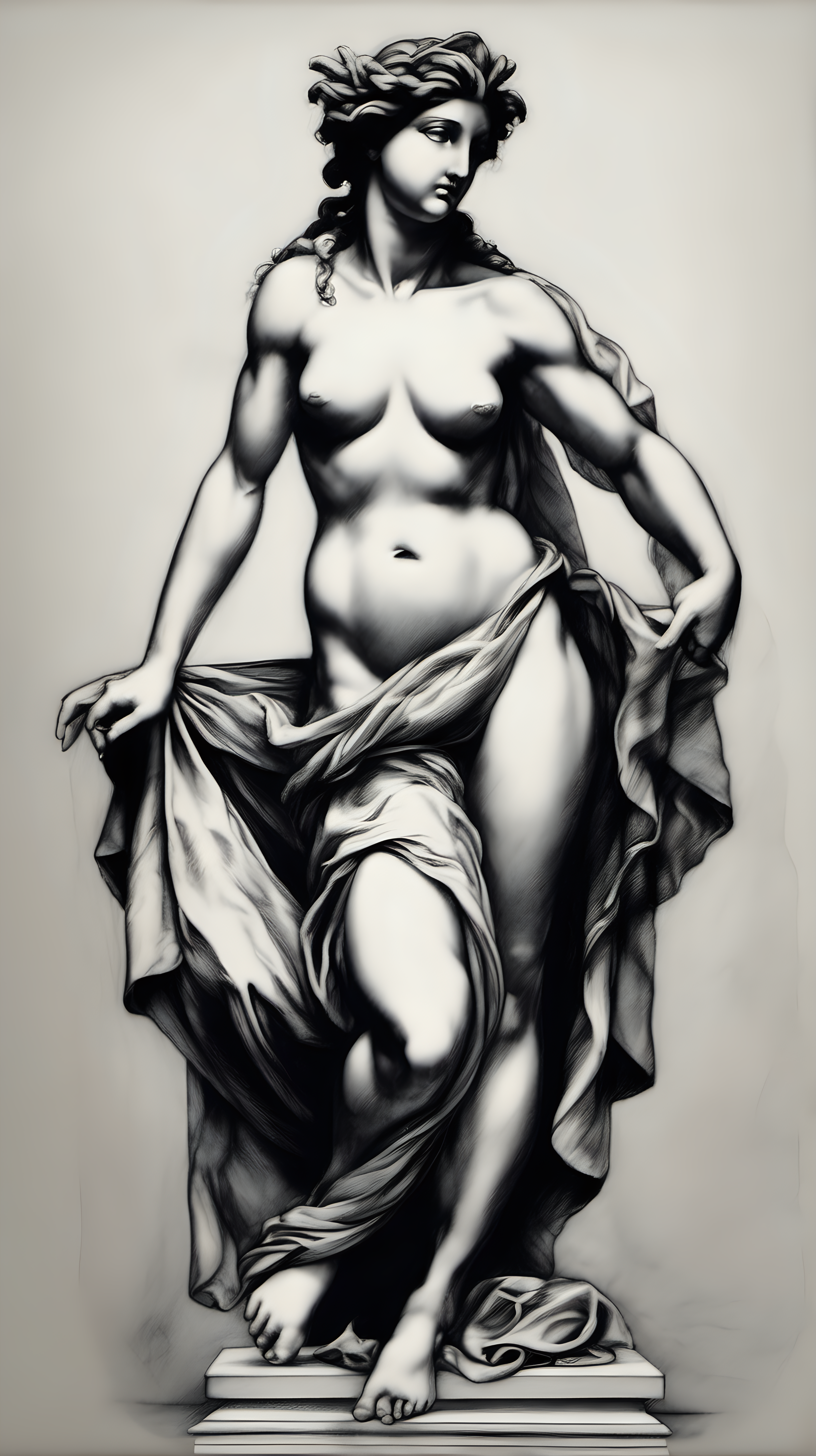 /imagine prompt : a hyper realistic black and gray Michelangelo drawing, feauteted a beautiful aphrodite, godess greek mytology
/describe : aphrodite full body, standing ,whole subjects in the box
-no cut
<background>white papaer
<style>pencil drawing
_ar 9:16