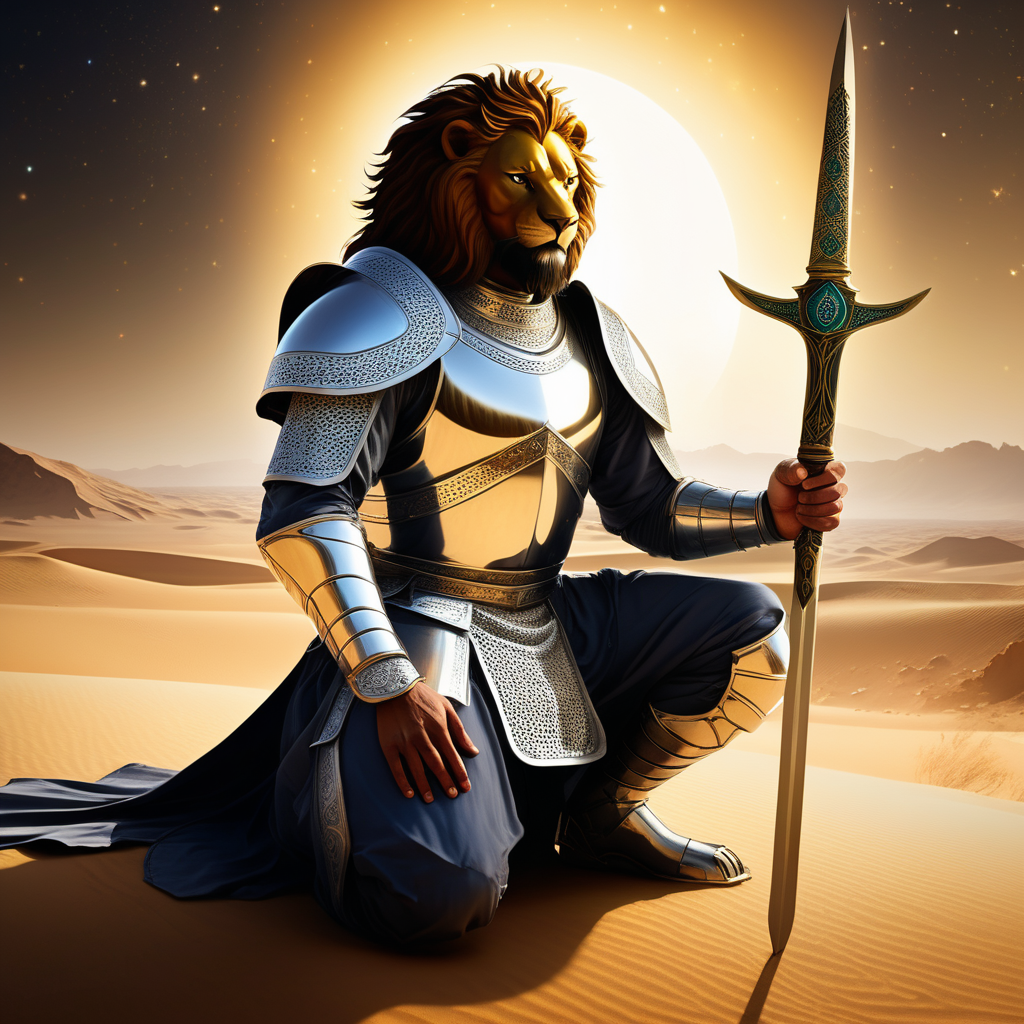 A powerful warrior like Khalid ibn al-Walid, clad in gleaming armor, kneeling in prayer amidst a desert landscape, bathed in a celestial light, symbolizing his profound conversion experience.
Two opposing swords, one representing Khalid's past as a Meccan leader, the other symbolizing his acceptance of Islam, interlaced together and gradually merging into a single, radiant blade, representing his transformation.
a lion shadow in background