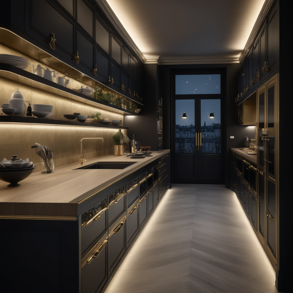 a hyperrealistic image of a palitial modern Parisian 3x6 metre Galley Kitchen at night with mood lighting,  in beige, oak, black and brass 
