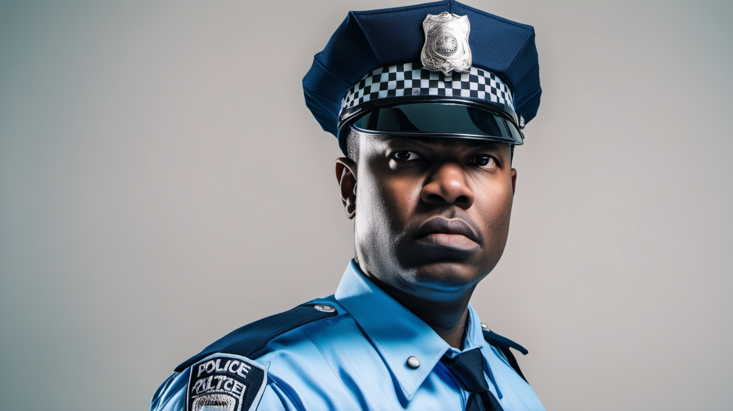 (A confused police officer in a light blue uniform, facing straight at the camera with visible anger and frustration against a solid neutral-colored background), (Canon EOS R5 with a 50mm f/1.2 lens), (Harsh, stark lighting casting sharp shadows to emphasize the officer's intensity), (Candid-style photography capturing raw emotion and tension)."