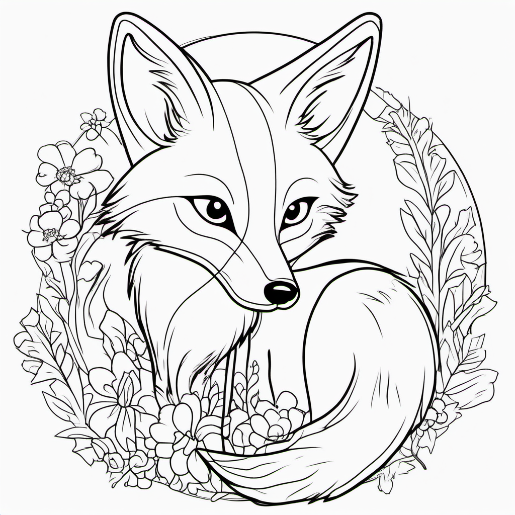 draw a cute fox with only the outline in back for a coloring book