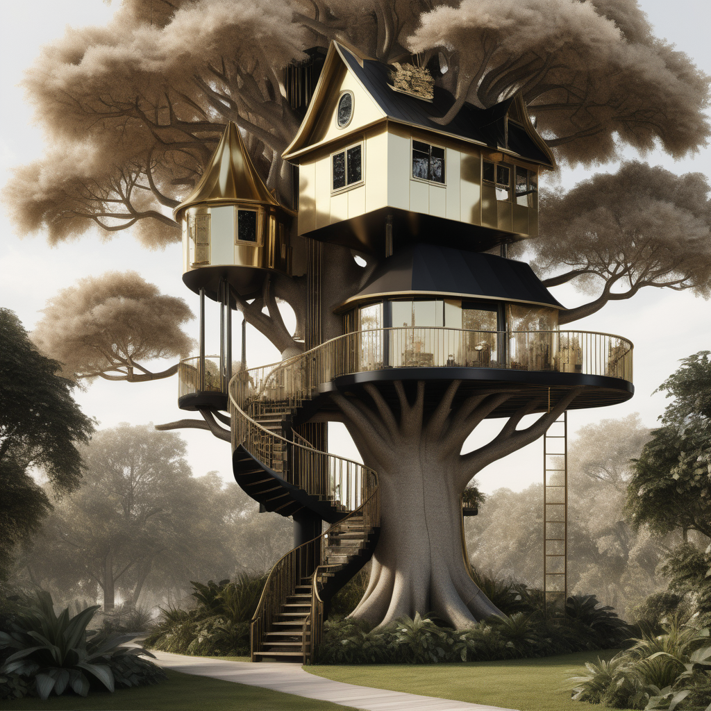 a hyperrealistic image of grand treehouse; beige, brass, black colour palette
