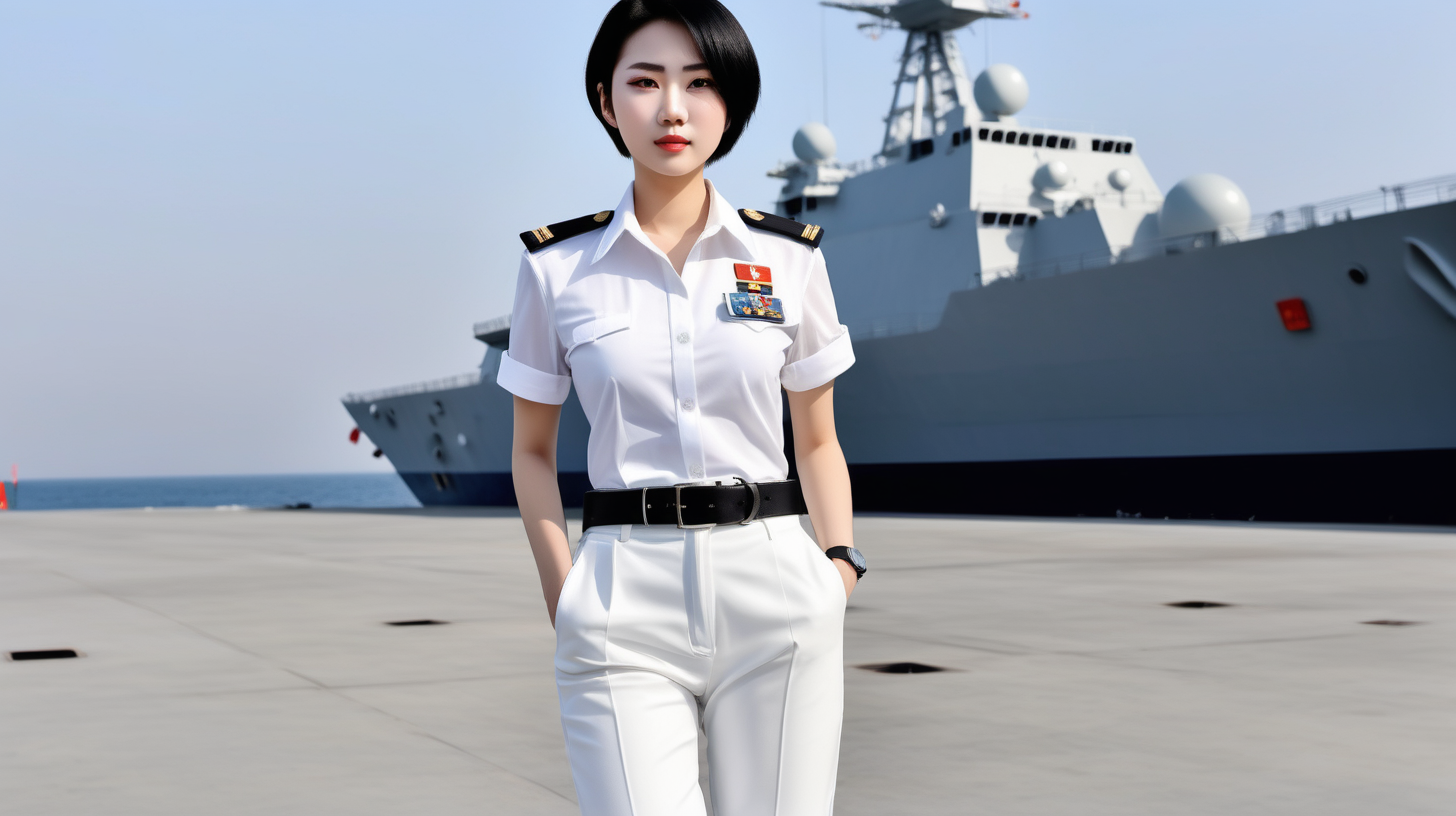 一名中国海军女兵
青年人
短发
黑发
白色衬衫和西裤
白色腰带
白色高跟鞋