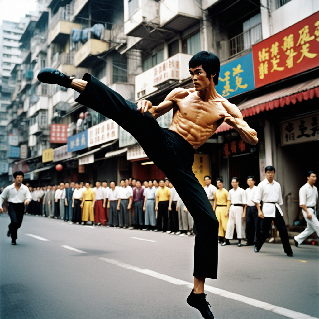 Bruce Lee doing a flying kick in the