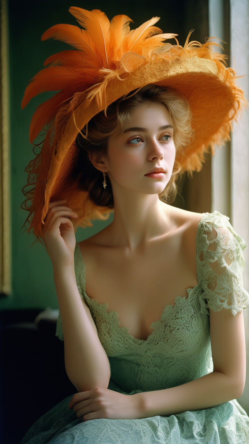 <lora:FilmVelvia3:0. 6>, masterpiece, best quality, 1girl, solo, sexy pose, pensive woman, intricate lace, feathered hat, curled hairdo, pale skin, minimal makeup, tender smile, dainty neckline, nostalgic atmosphere, still life, semi naked, cinematic shot, orange green golden blue dress