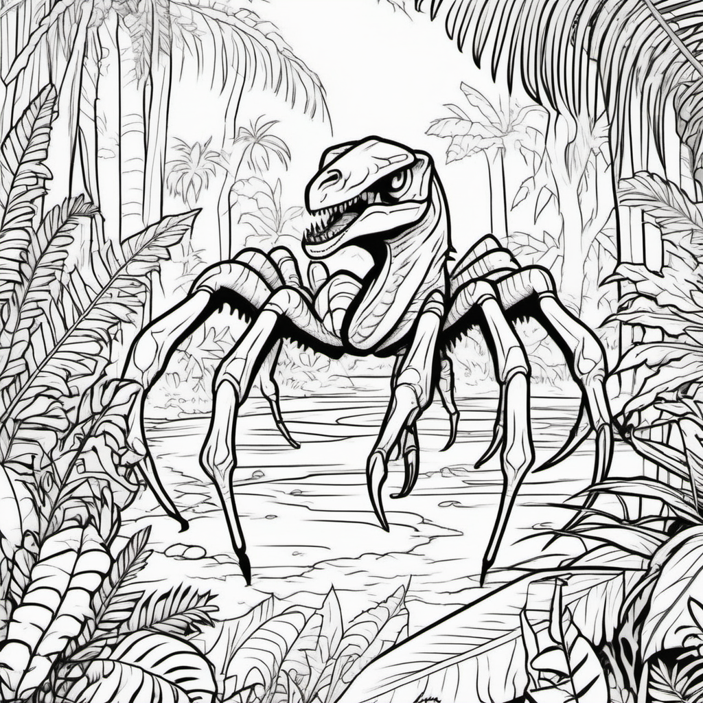 A dinosaur spider in a jungle coloring book