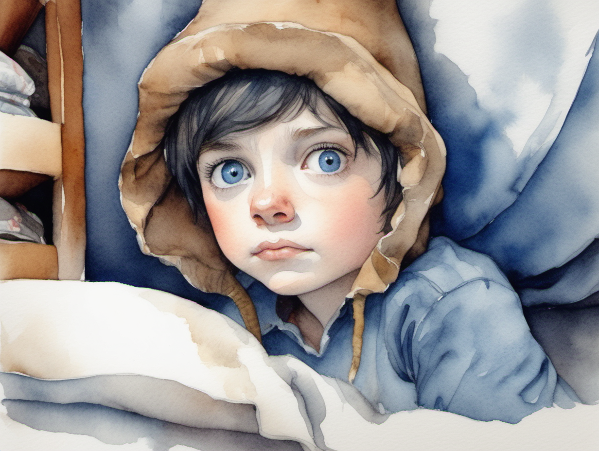A water Colour painting of a young darkhaired blue eyed pixie wearing an acorn hat taking cover under a bed

