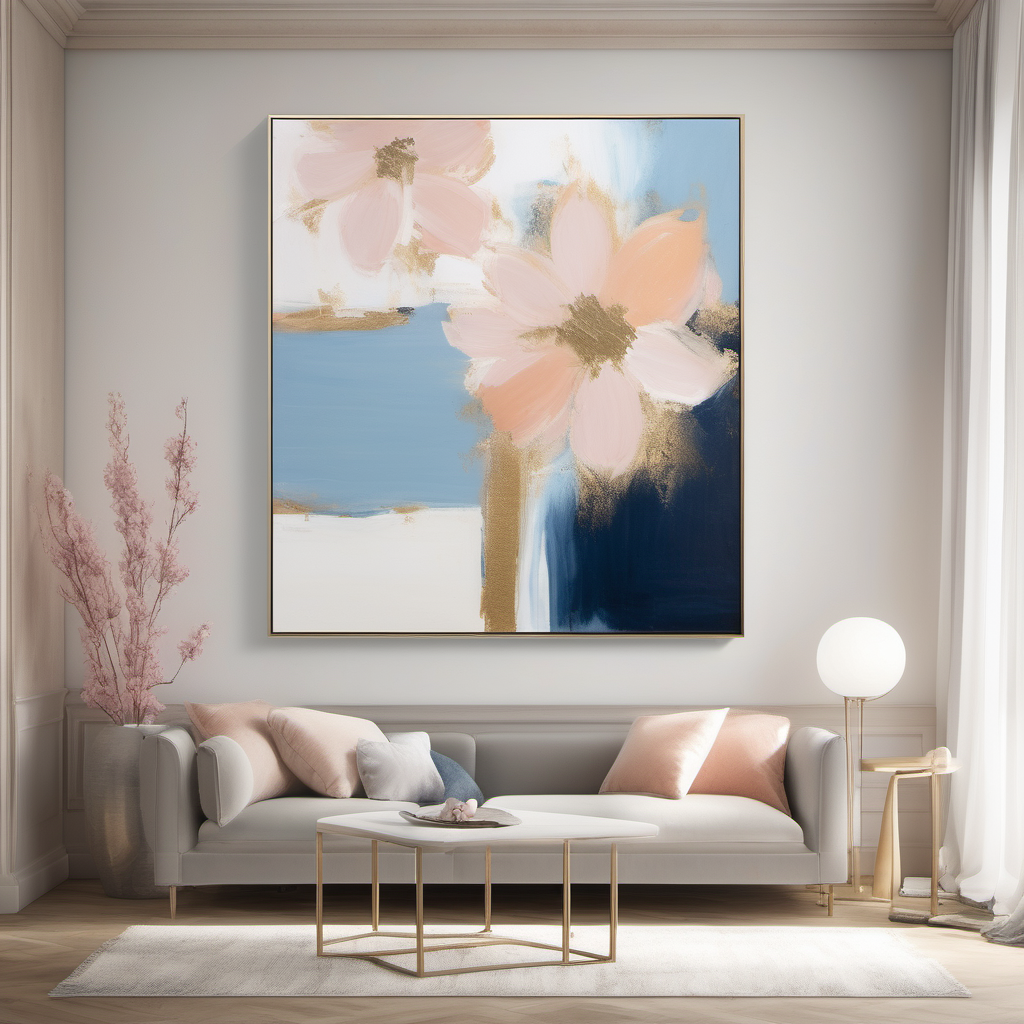 Place the "Tranquil Serenity - A" （5cm in the width and 5cm in the length）painting within a bedroom environment, adjusting its scale while maintaining its proportions. This artwork, alive with azure, navy, and sky blue, touched by peach, lavender, and ivory, brings an abstract vision of a blooming garden. Frame it in gold to accentuate its timeless elegance. Set this canvas in a minimalist, well-lit living space that exemplifies a modern and simplistic ambiance, allowing the painting to infuse the area with its calm and creative spirit.