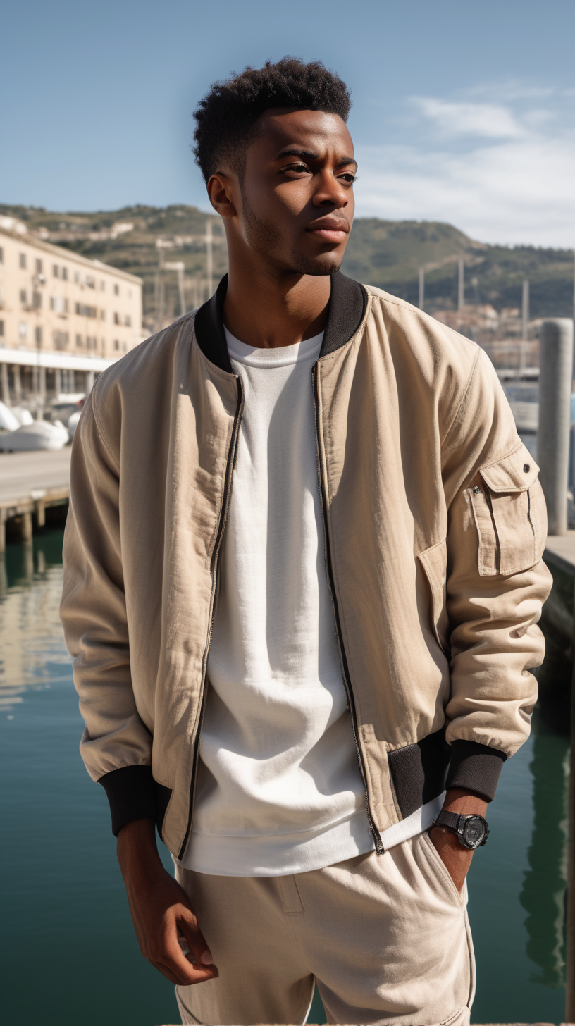 A handsome, young, African American man, wearing short, black hair, wearing Cream, cut and sew, bomber jacket, standing by the docks of Sicily in the background, Facing  the camera, wearing a light, pine colored, linen, dress shirt, wearing a white tee-shirt, wearing Taupe Brown, Corduroy joggers, lighting is over the right shoulder, from behind, pointing down, ultra 4k, render, high definition, light shadowing