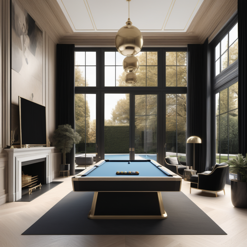 a hyperrealistic of a Modern Parisian estate home pool room with floor to ceiling windows in a beige oak brass and black colour palette 
