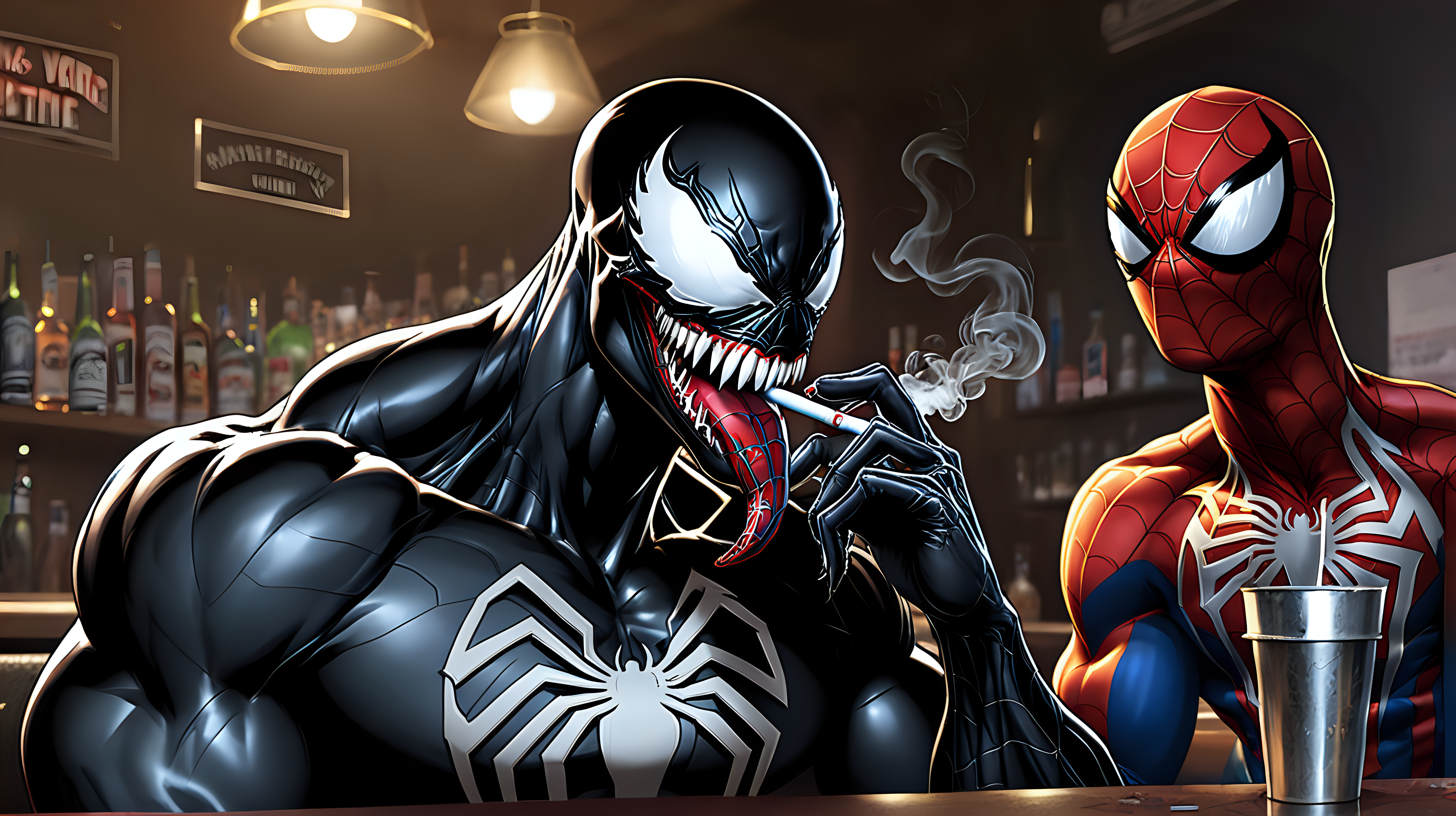 Venom smoking a joint at a bar with